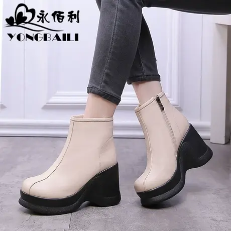 时尚坡跟高跟真皮女靴2025冬新款厚底松糕底牛皮短靴休闲短靴女鞋商品大图