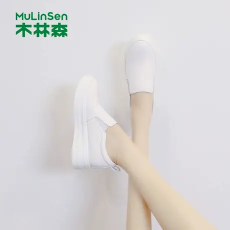 木林森休闲鞋女款2025秋季新款百搭舒适小白鞋女士厚底圆头增高鞋商品大图