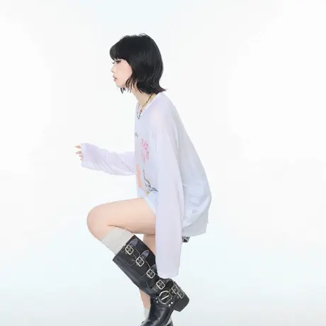 美式复古T恤印花长袖女夏季天丝凉感宽松微透防晒罩衫慵懒风上衣图片