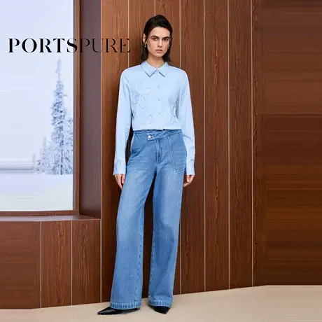 宝姿PORTSPURE女装2025早秋新品设计感斜门襟明线宽松直筒牛仔裤图片