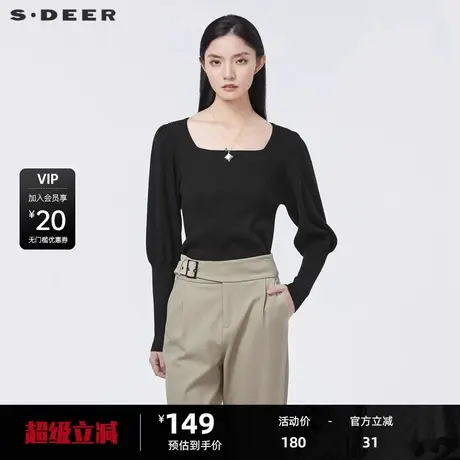 sdeer圣迪奥女装秋复古方领羊腿袖修身黑色针织衫S22183515图片