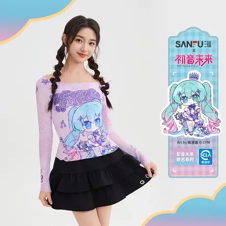 【初音未来联名】三福2025秋季趣味印花网纱长T恤女装508045商品大图