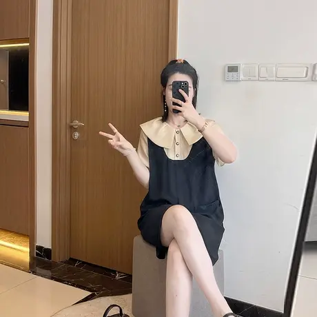 遮肚子减龄娃娃领假两件拼接黑色裙子2025新款夏装女装大码胖mm图片