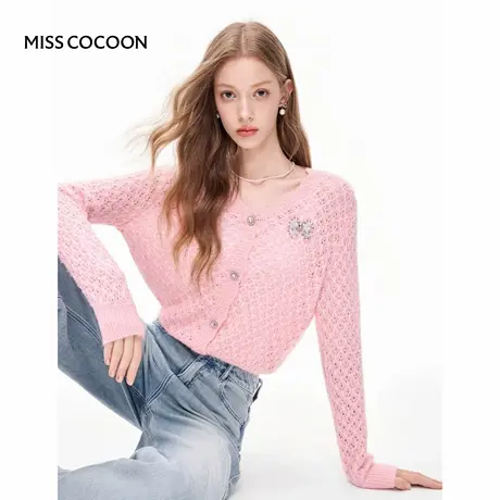 MISSCOCOON可可尼粉色薄款外套女2025秋季新款浪漫镂空针织开衫商品大图