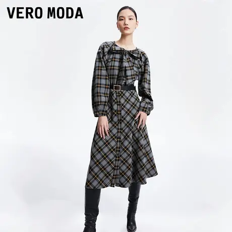 Vero Moda奥莱连衣裙春秋新款复古格纹高腰显瘦灯笼袖裙子流行图片