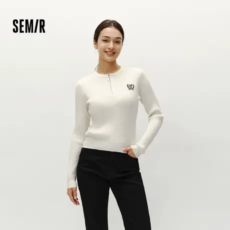 森马毛衣女冬季短款半开襟刺绣修身套头衫女生休闲简约风显瘦上衣图片
