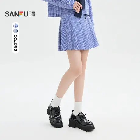 三福短裙2025秋季撞色拼接腰头防走光格子百褶裙女装509570图片