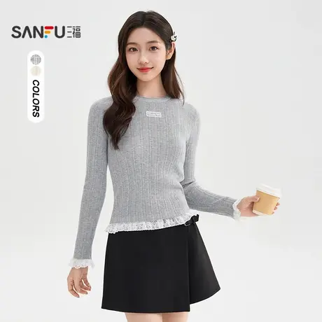 三福毛衣2025冬季圆领蕾丝拼接小标毛针织衫上衣女装508889商品大图