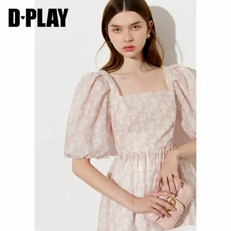 DPLAY德帕拉夏季粉色灯笼袖方领印花遮肚子收腰洋气女上衣商品大图
