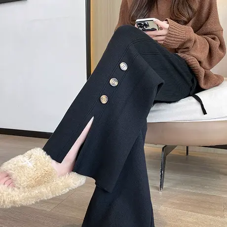 黑色针织阔腿微喇裤女秋冬季高腰开叉休闲直筒慵懒风垂坠感拖地裤商品大图