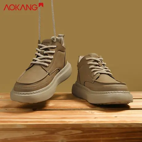 奥康男鞋新款秋季英伦皮面百搭厚底运动休闲工装鞋舒适高帮潮鞋男图片