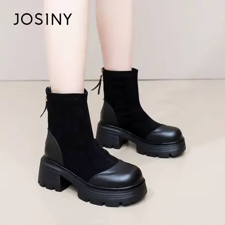 卓诗尼2025秋冬新款厚底瘦瘦靴女时尚舒适后拉链短靴女显瘦弹力靴商品大图