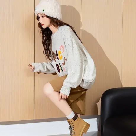 唐狮新款毛衣女圆领女圆领前胸图案套头百搭休闲毛线衫毛衣TE图片