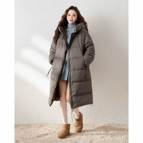 唐狮冬季女连帽韩系加厚过膝长款羽绒服休闲保暖灰色面包服w5tu图片