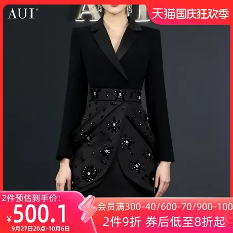 AUI黑色假两件设计感西装外套女2023春秋新款独特小众修身西服裙图片