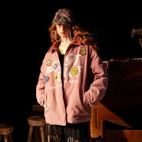 美式学院风棉服女拼色冬季加厚外套2023新款街头潮牌复古宽松棉衣商品大图