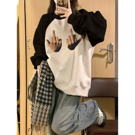 oversize美式复古插肩袖卫衣女秋冬季加绒加厚宽松慵懒风chic上衣商品大图