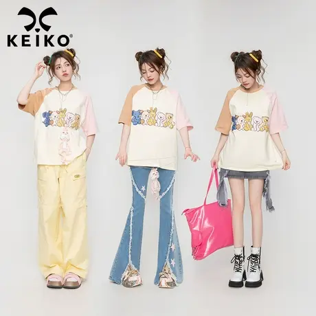 【限量送公仔挂饰】撞色插肩短袖t恤女夏季2023印花美式复古上衣图片