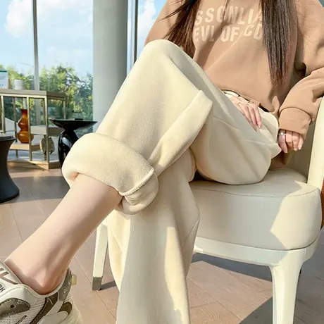 摇粒绒裤子女秋冬季新款高腰休闲运动裤小个子宽松加厚束脚卫裤子图片