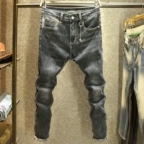 潮流百搭牛仔裤男款修身小脚弹力裤子秋冬款抓底印花休闲长裤厚款商品大图