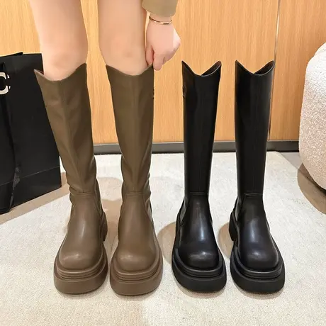 长筒靴女2023年春秋季新款网红ins潮英伦风瘦瘦靴粗跟厚底骑士靴商品大图