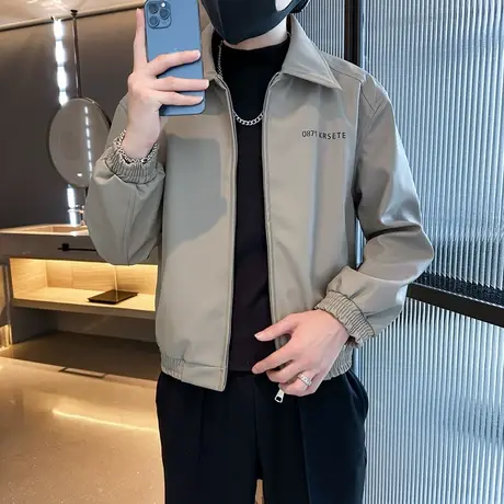 秋冬季痞帅时尚休闲翻领皮衣机车字母夹克潮牌潮流INS小众男外套商品大图