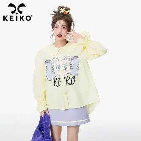 KEIKO 卡通印花长袖衬衫女春秋洋气减龄奶油黄色娃娃衫韩版上衣商品大图