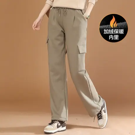 新品8.5折】松紧腰阔腿加绒运动裤女工装直筒休闲卫裤子图片
