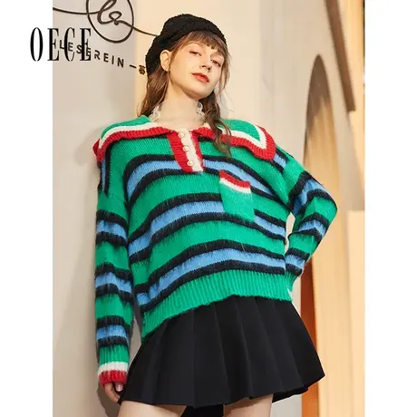 【买1送1】Oece冬装新款撞色条纹翻领针织衫外穿上衣减龄长袖毛衣商品大图