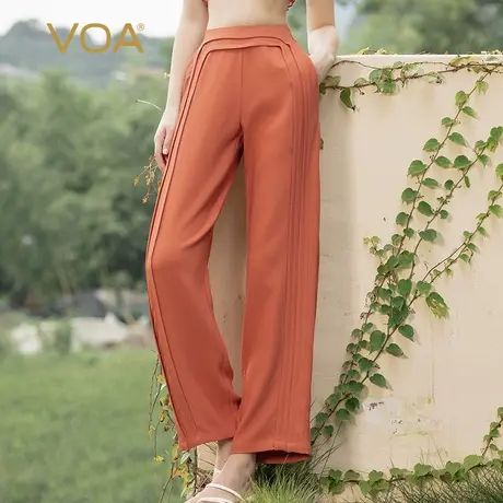 VOA51姆米重磅真丝锈红色自然腰后腰松紧侧插口袋简约休闲直筒裤商品大图