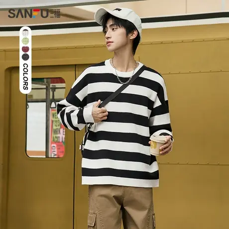 三福2023冬男士粗横条纹毛衣 学院风休闲宽松圆领上衣男478753商品大图