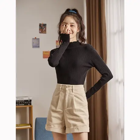 唐狮净色修身打底衫女春秋款半高领木耳边打底衫毛针织衫别致内搭图片