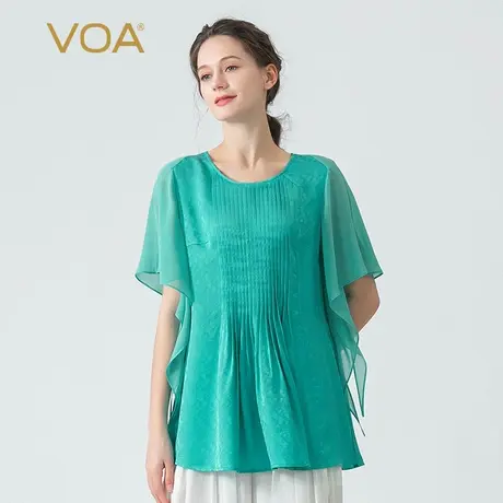 VOA提花桑蚕丝清水蓝圆领撞料拼接乔其丝绸风琴褶插肩袖真丝T恤图片