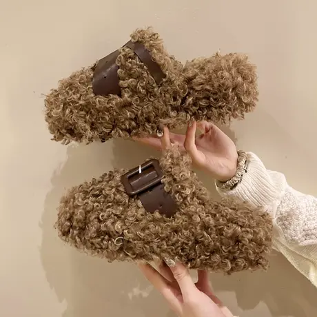 羊羔毛毛拖鞋女秋冬外穿2023新款高级感松糕厚底百搭懒人包头棉拖商品大图