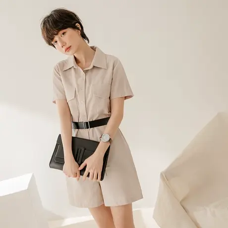 桔熊夏季通勤休闲连身裤子女胖mm舒适工装衬衫连衣短裤大码BA6595图片