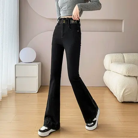 黑色微喇牛仔裤女2023冬季新款加绒加厚高腰修身显瘦马蹄喇叭裤子图片
