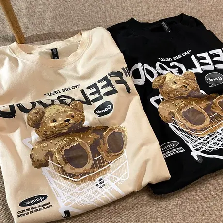 韩版纯棉2021黑色特大码女装小熊胖mm短袖t恤女宽松加肥ins上衣服商品大图