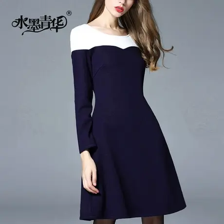 【1件7.9折】品牌女装新品针织A摆通勤修身款圆领长袖连衣裙图片