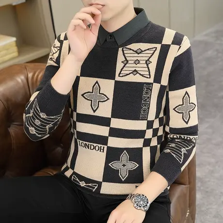 衬衫领毛衣男士秋冬季潮流提花撞色条纹针织打底衫加厚保暖线衣男商品大图
