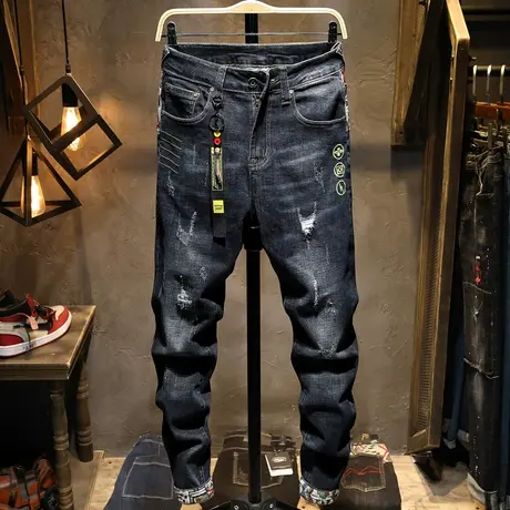 春夏款牛仔裤男潮牌日系复古破洞宽松直筒休闲长裤子男百搭小脚裤商品大图