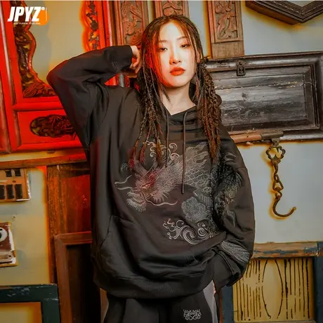 中国风潮牌秋季刺绣印花连帽衫卫衣男女街头情侣款宽松国潮上衣服图片