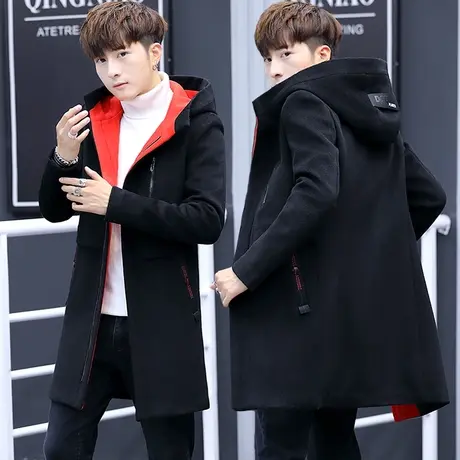 冬衣男士帅气呢子外套连帽子潮流韩版风衣男装中长款英伦毛呢大衣图片