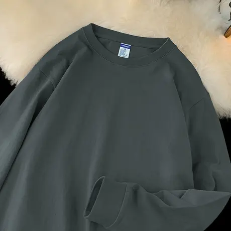 260g重磅纯棉t恤男士长袖美式宽松内搭打底衫圆领纯色上衣服全棉商品大图