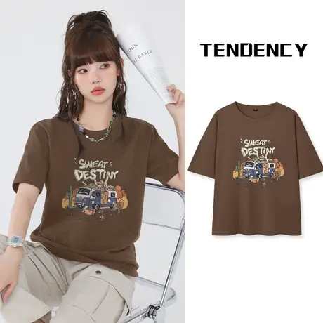 VR真维斯咖色短袖t恤女夏季2023新款纯棉宽松美式复古高街体恤潮V商品大图