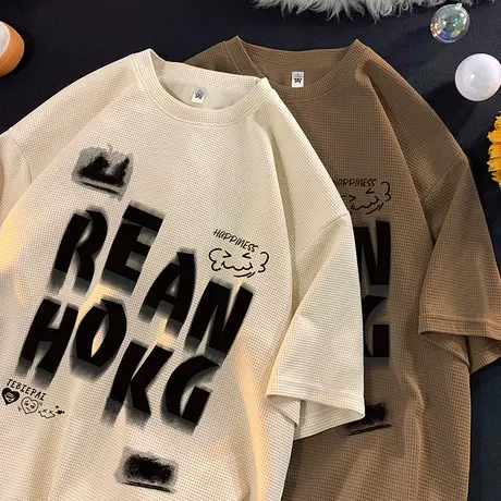 潮牌华夫格短袖t恤男夏季新款打底上衣美式宽松半袖体恤ins高级感商品大图