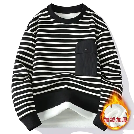 撞色条纹卫衣男冬季加绒加厚长袖t恤男潮牌青少年圆领秋衣打底衫T商品大图