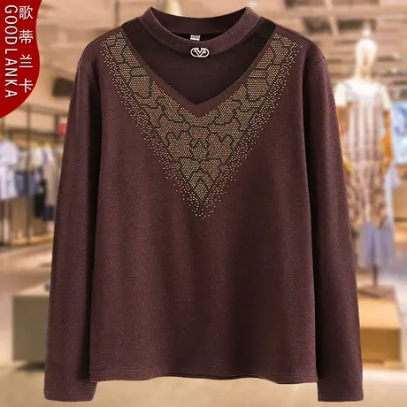 中年妈妈秋冬装加厚T恤上衣大码宽松洋气网纱拼接镶钻加绒打底衫商品大图