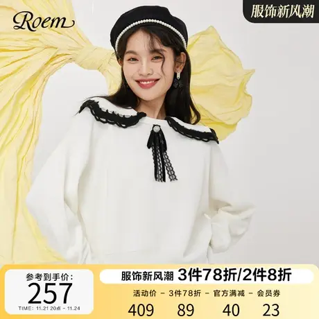 Roem秋冬新品商场同款甜美蝴蝶领结时尚休闲小众娃娃领毛针织衫女图片