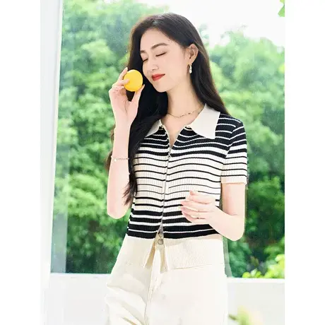 时尚翻领短袖针织衫2023年夏季新款女士气质温柔条纹显瘦通勤上衣商品大图