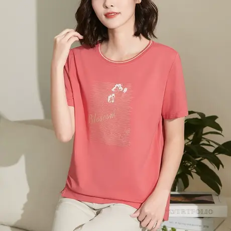 中年妈妈短袖休闲圆领t恤衫女夏新款大码休闲设计感2023夏季衣服图片